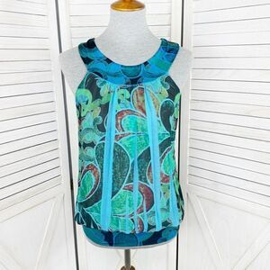 Lipstick Paisley Stamp Died Pleated Tank Top Teal Blue Medium Y2K Blousey